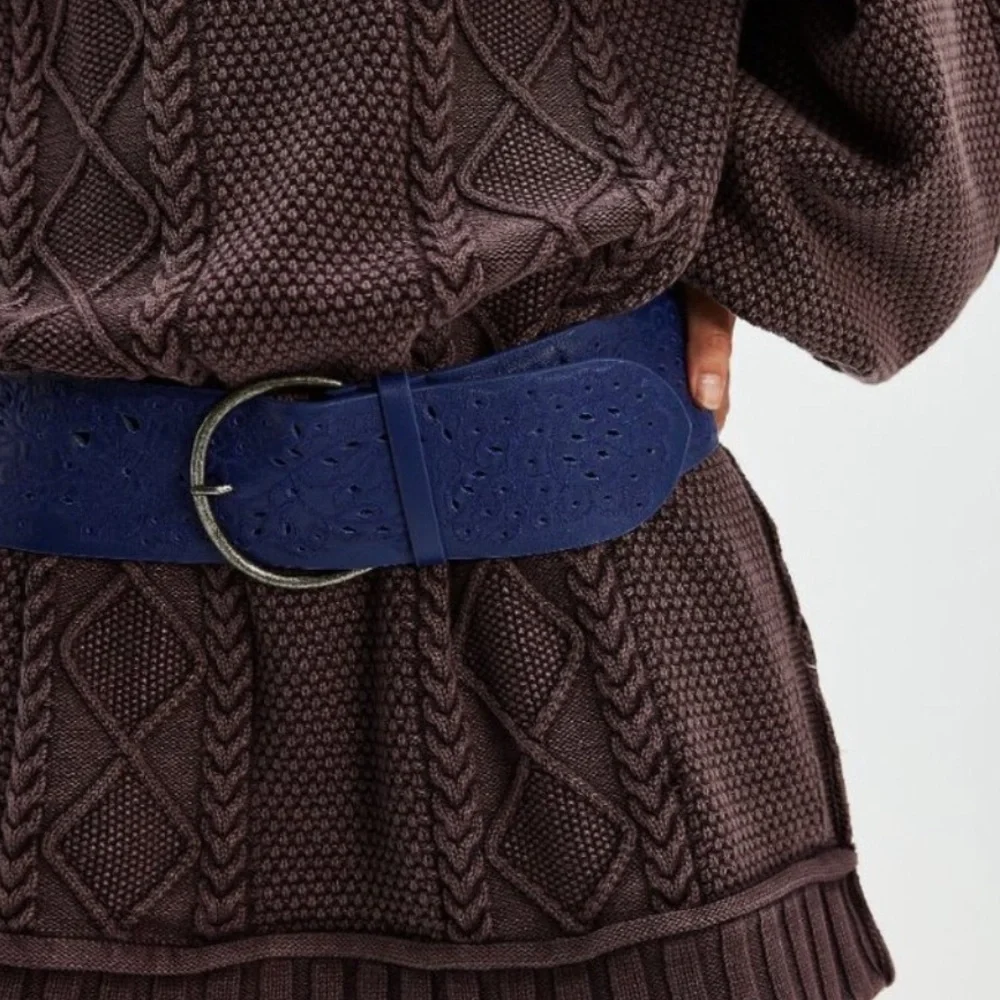 New Free People Laurel Laser Cut Hip Belt Navy Baby
